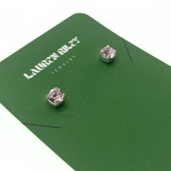 Handcrafted Light Pink Crystal Stud Earrings Shiny Silver Plated - Nickel-Free - Picture 4 of 4